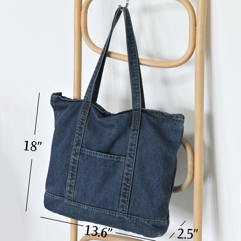 HOXIS Light Weight Soft Denim Tote Unisex Shopper Shoulder Handbag (Navy) - Image 2